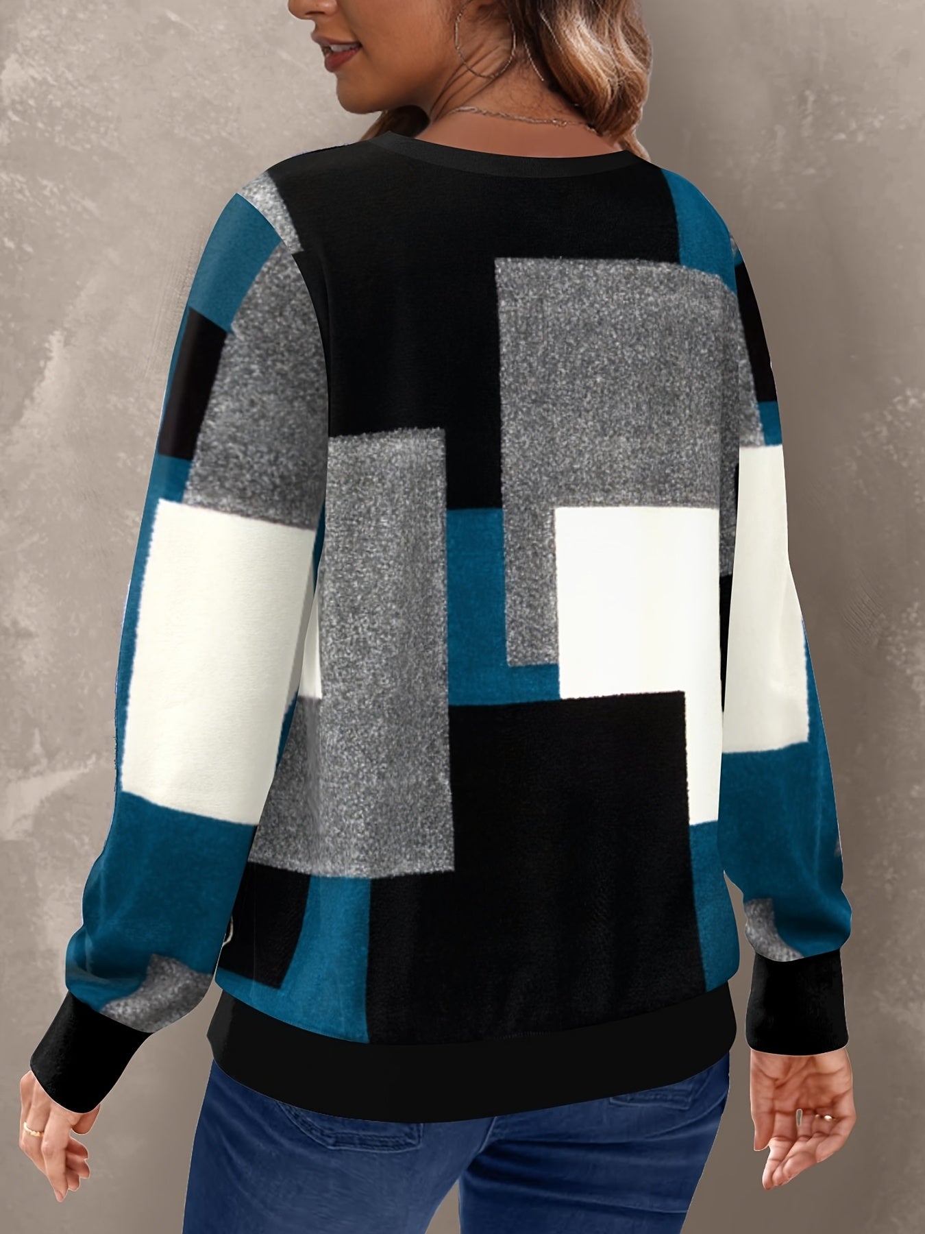 Geo Print Pullover Sweatshirt Long Sleeve Crew Neck Sweatshirt