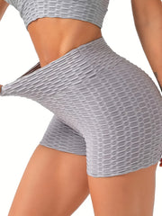 Seersucker Fabric Yoga Shorts Stretchy Honeycomb Sports Biker Short