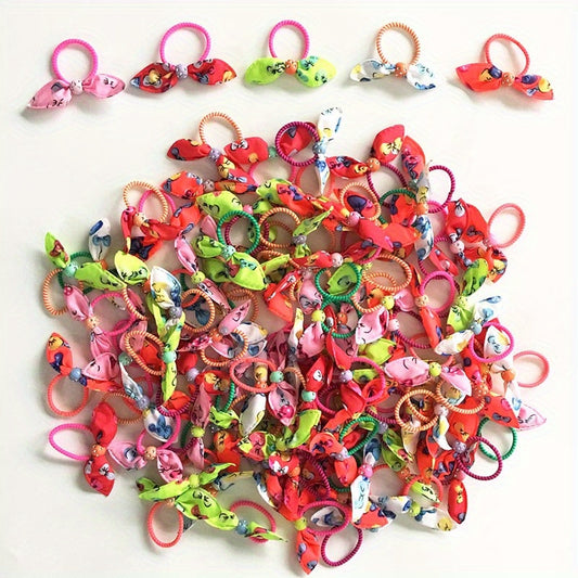 100pc Colourful Rabbit Ear Hair Bands Elastic Mixed Print Bowknot Hair Ropes