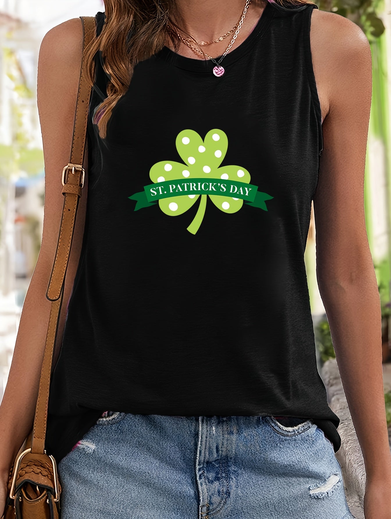 Leaf & Letter Print Sleeveless Sports Vest Round Neck Casual Top