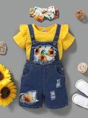 3pc Toddler Girls Ruffle Trim T Shirt Tops & Sunflower Ripped Overalls Set