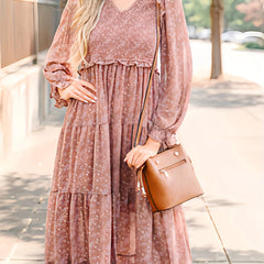 Women's Plus Floral Print Ruffle Trim V Neck Maxi Dress