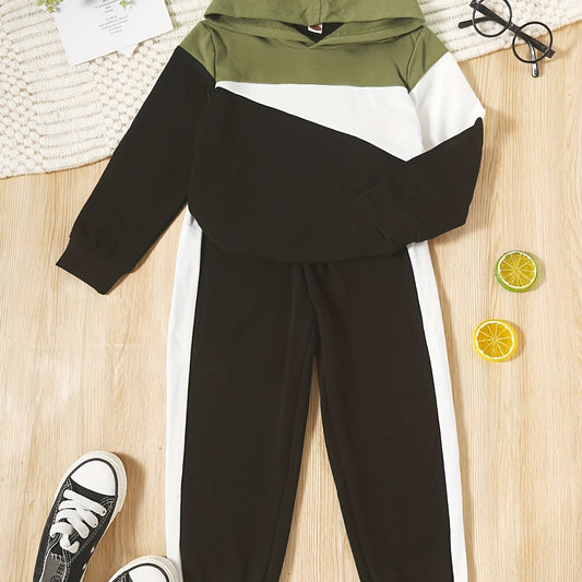 Boy's 2pcs Hoodie & Sweatpants Set Block Long Sleeve Top Casual Outfits