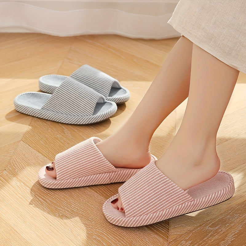 Women's Striped Home Slippers Soft Open Toe Flat Mute Shoes