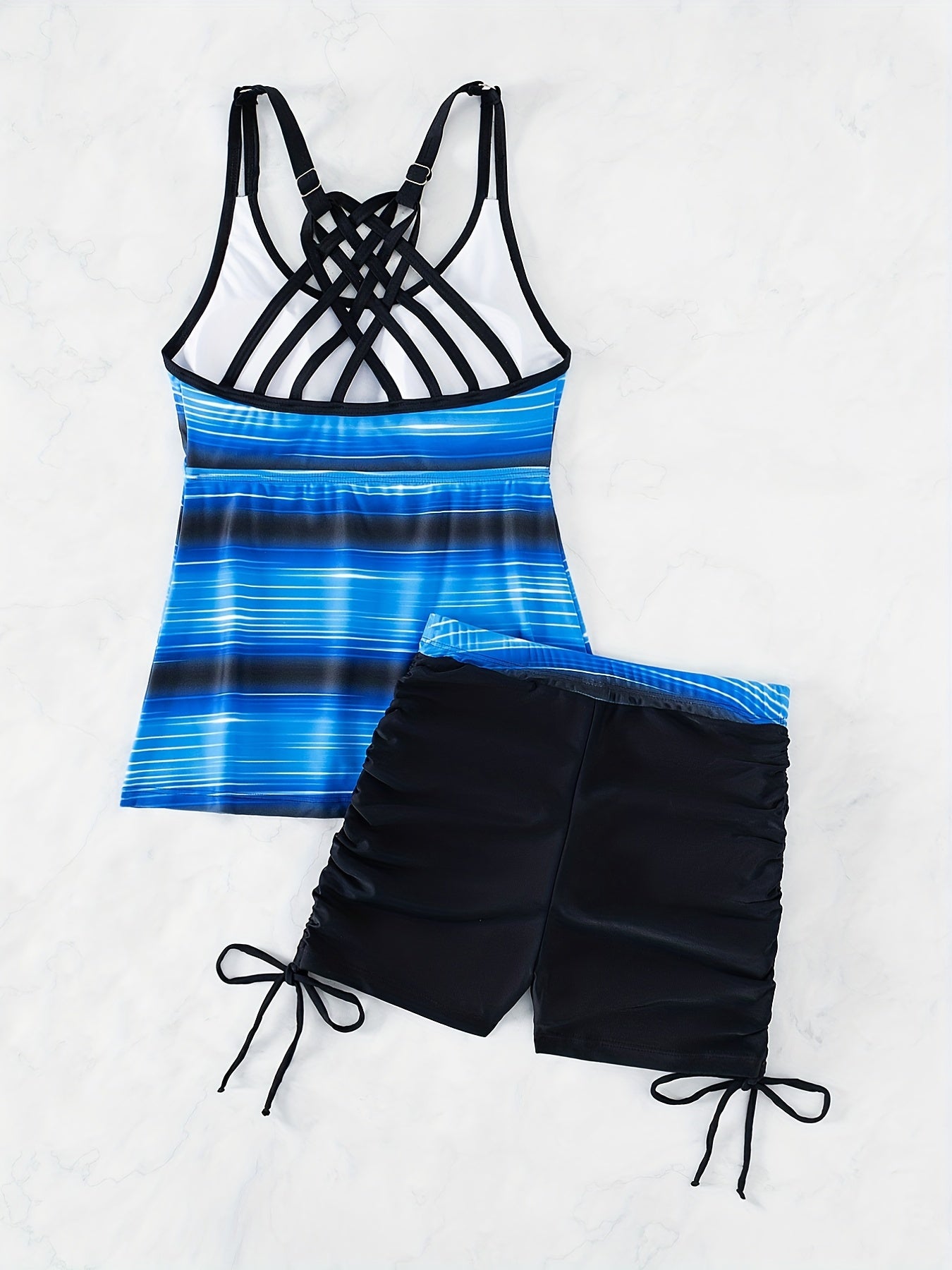 Striped Tankini Set Criss Cross Strap Boxer Short Swimsuit