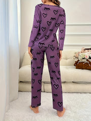 Heart & Eyelash Print Long Sleeve Pajamas 2 PC Set