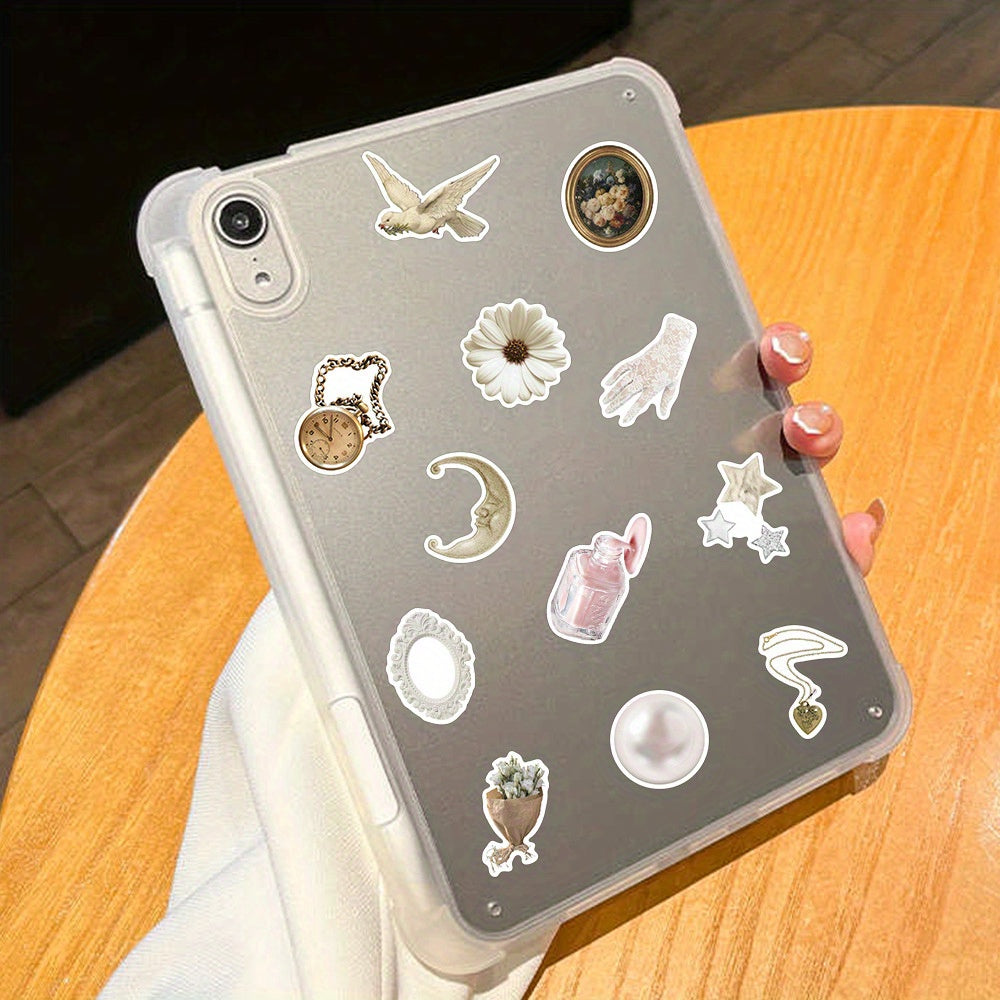 50pcs Vintage Romantic Cartoon Stickers with Floral Clocks Pearls & Statu