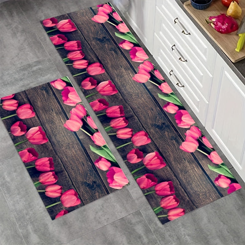Vintage Rose Kitchen Rugs 2pcs Absorbent Non Slip Comfort Mats