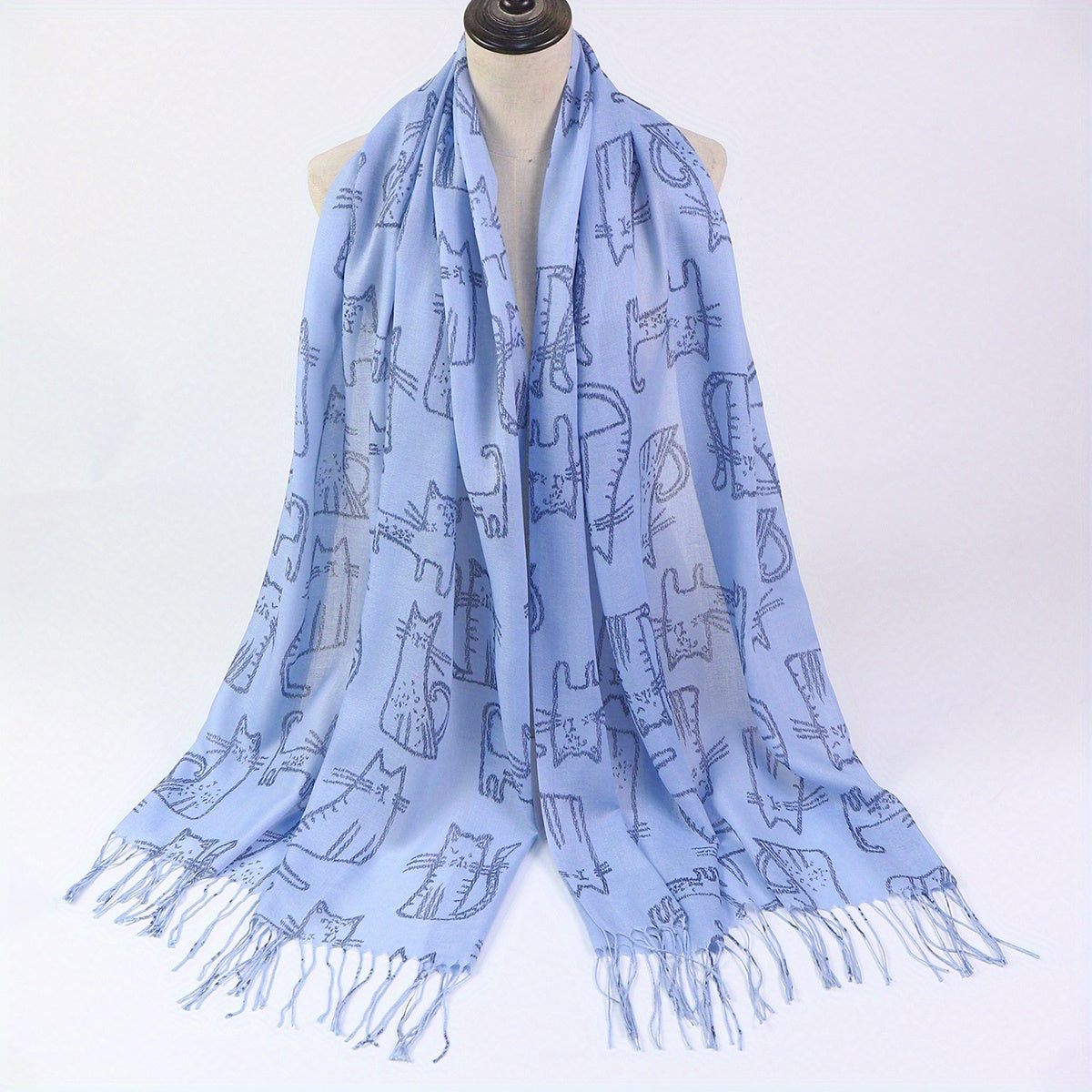Cartoon Cat Print Tassel Scarf Solid Shawl Casual Windproof Head Wrap Women