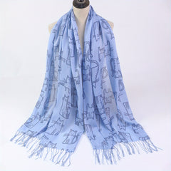 Cartoon Cat Print Tassel Scarf Solid Shawl Casual Windproof Head Wrap Women