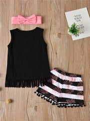 Girls Tassel Tank Top & Striped Leaves Shorts Set