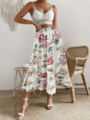 Vintage Floral Print Skirts Elastic Waist Ruffle Trim Summer Skirts
