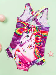 Toddler Girls Rainbow Unicorn One Piece Swimsuit Ruffle Trim