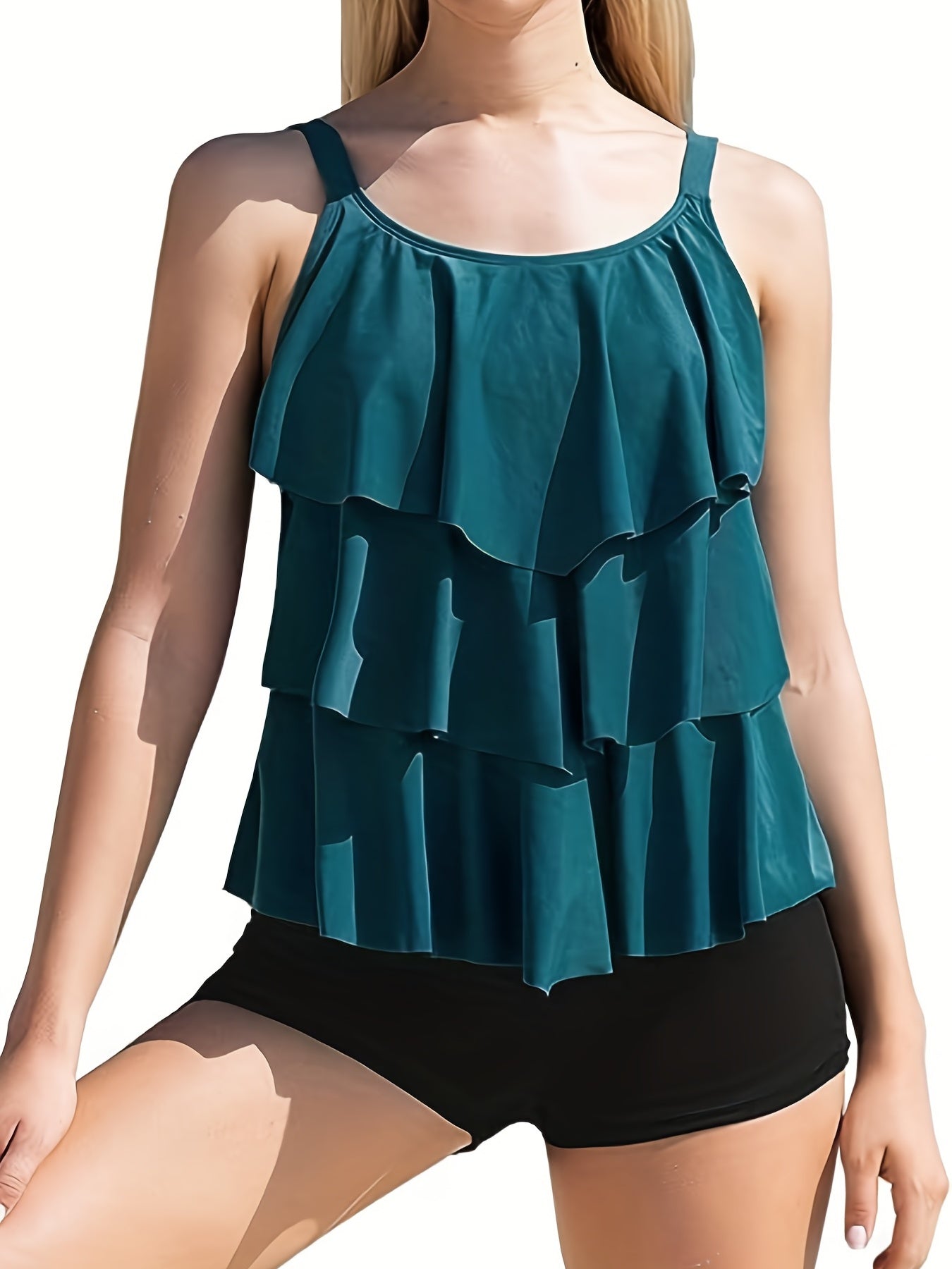 Ruffle Trim Tankini Set Women's 2 Piece Swimsuit