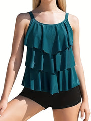 Ruffle Trim Tankini Set Women's 2 Piece Swimsuit