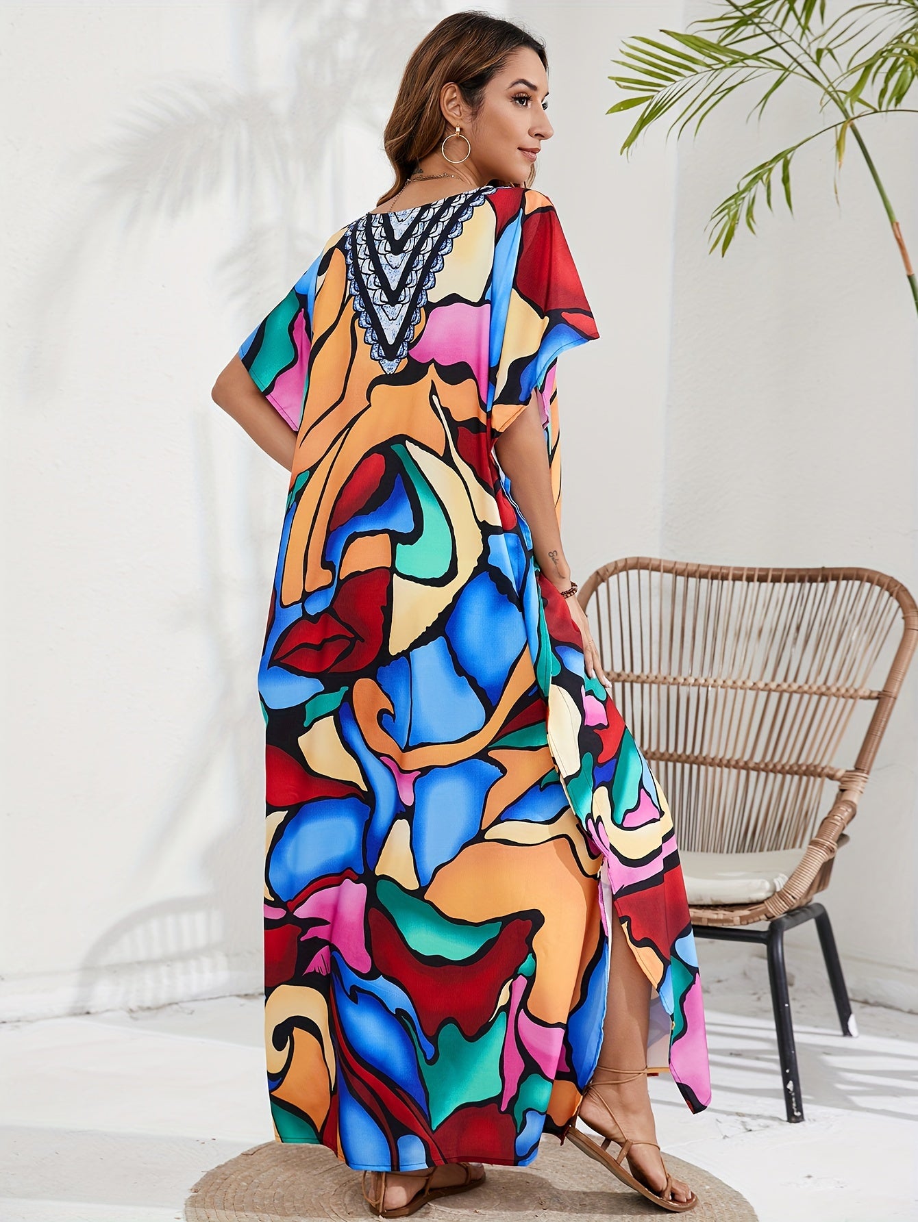 Abstract Face Print Cover Up Batwing Sleeve V Neck Beach Dress