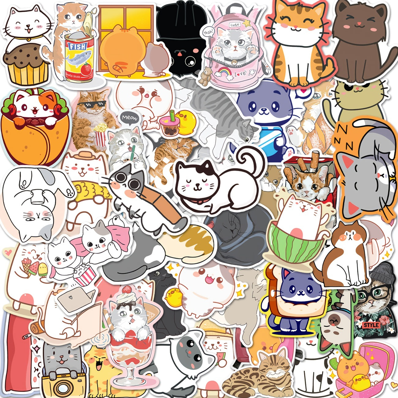 50pcs Cartoon Cat DIY Decorative Stickers Waterproof Doodle Stickers