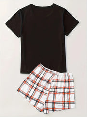 Plaid Print Pajama Set Short Sleeve Top & Shorts