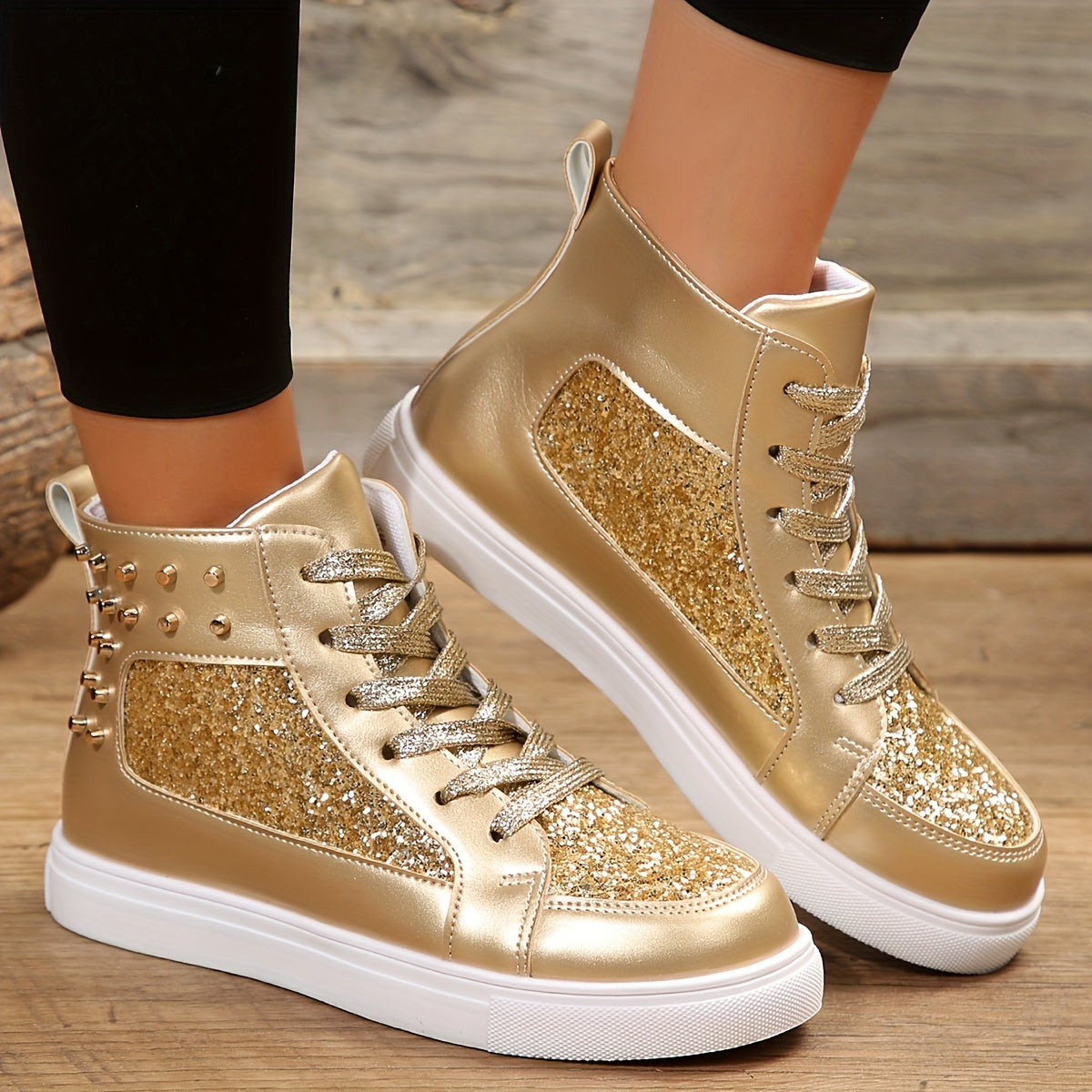 High Top Glitter Skate Shoes Sequins Decor Faux Leather Sneakers
