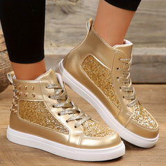 High Top Glitter Skate Shoes Sequins Decor Faux Leather Sneakers