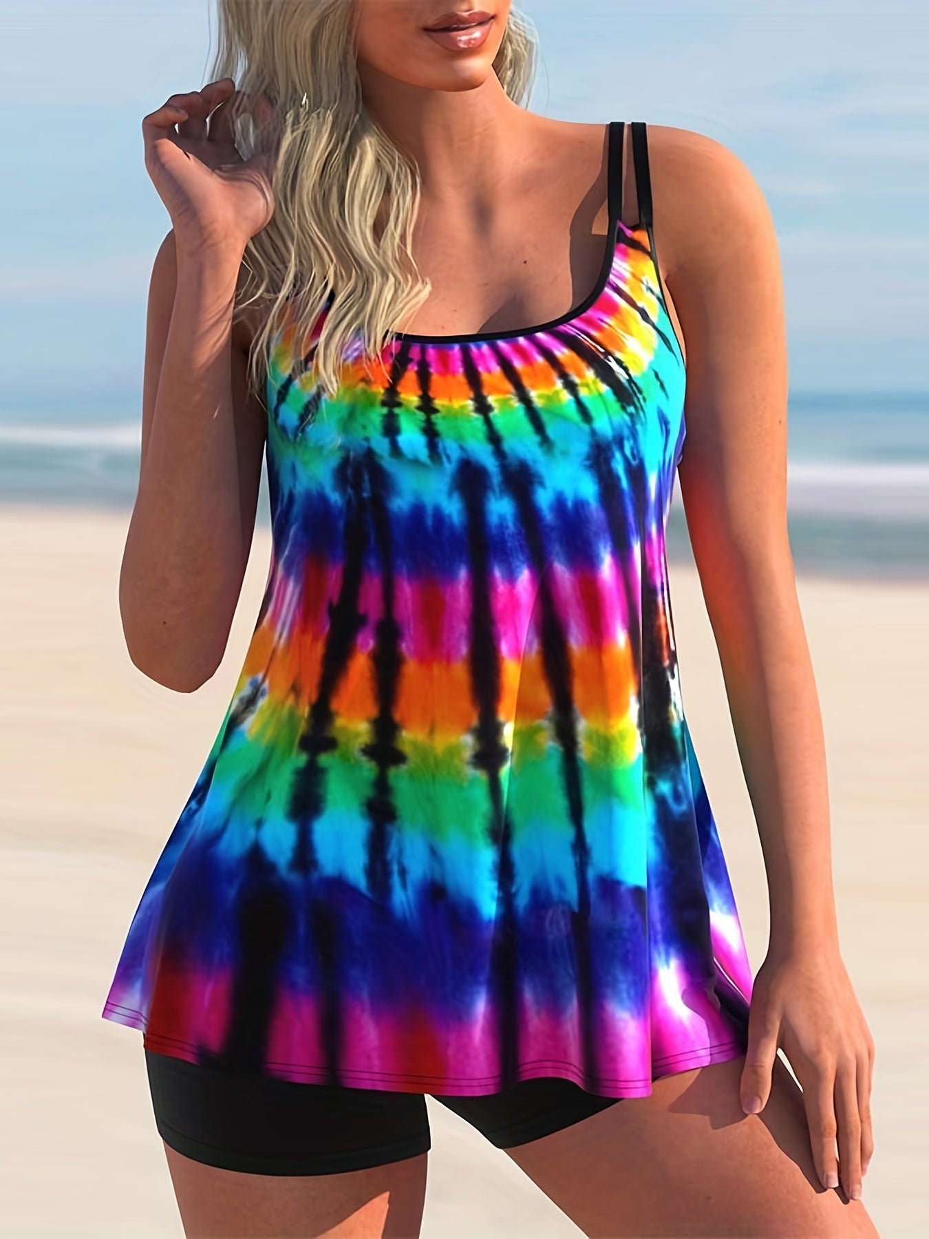 Graphic Print Tankini Set Split Strap Top & Shorts Swimsuit