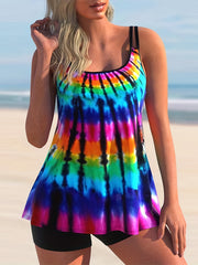 Graphic Print Tankini Set Split Strap Top & Shorts Swimsuit