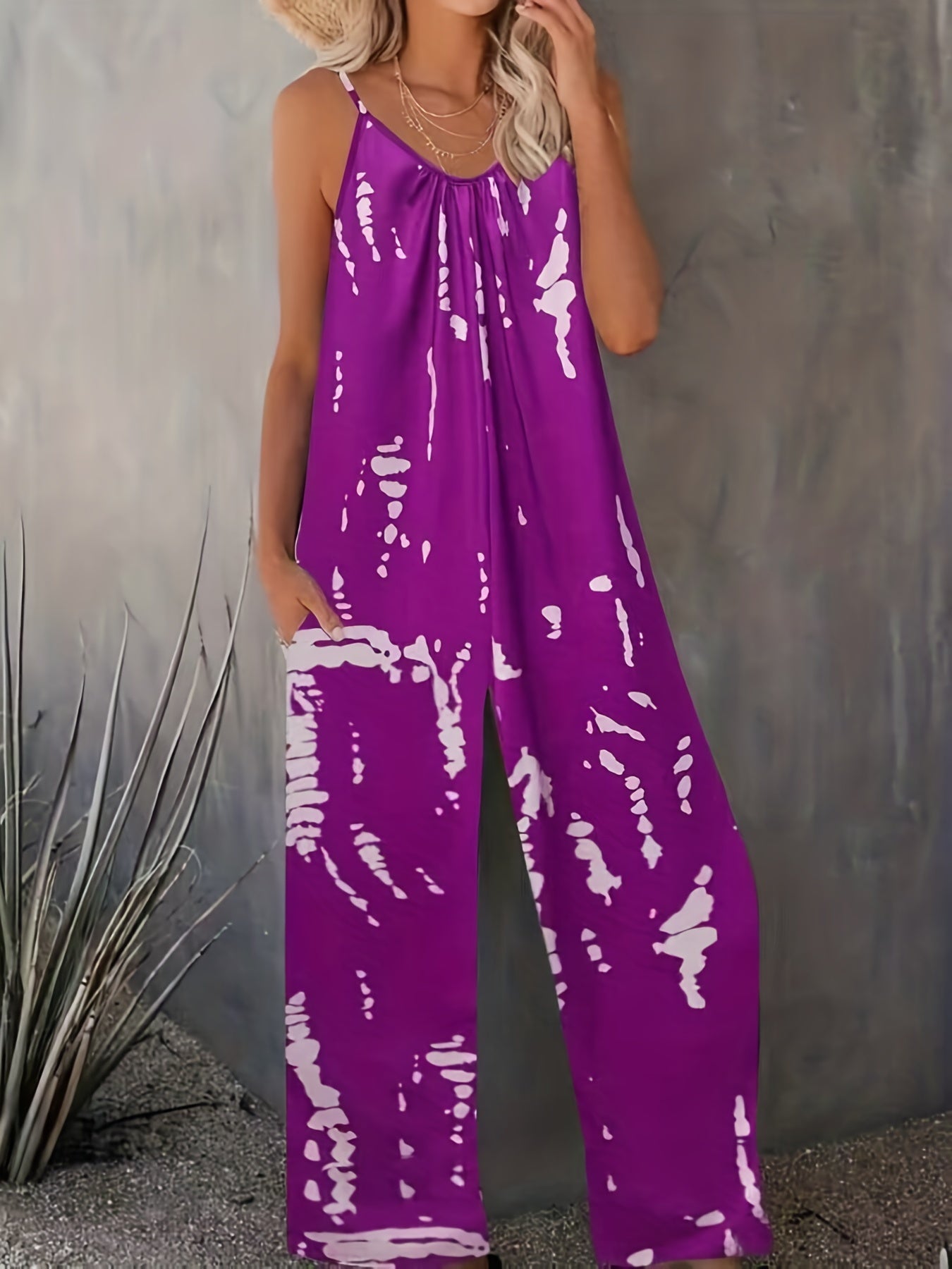 Tie Dye Wide Leg Cami Jumpsuit Casual Sleeveless Jumpsuit