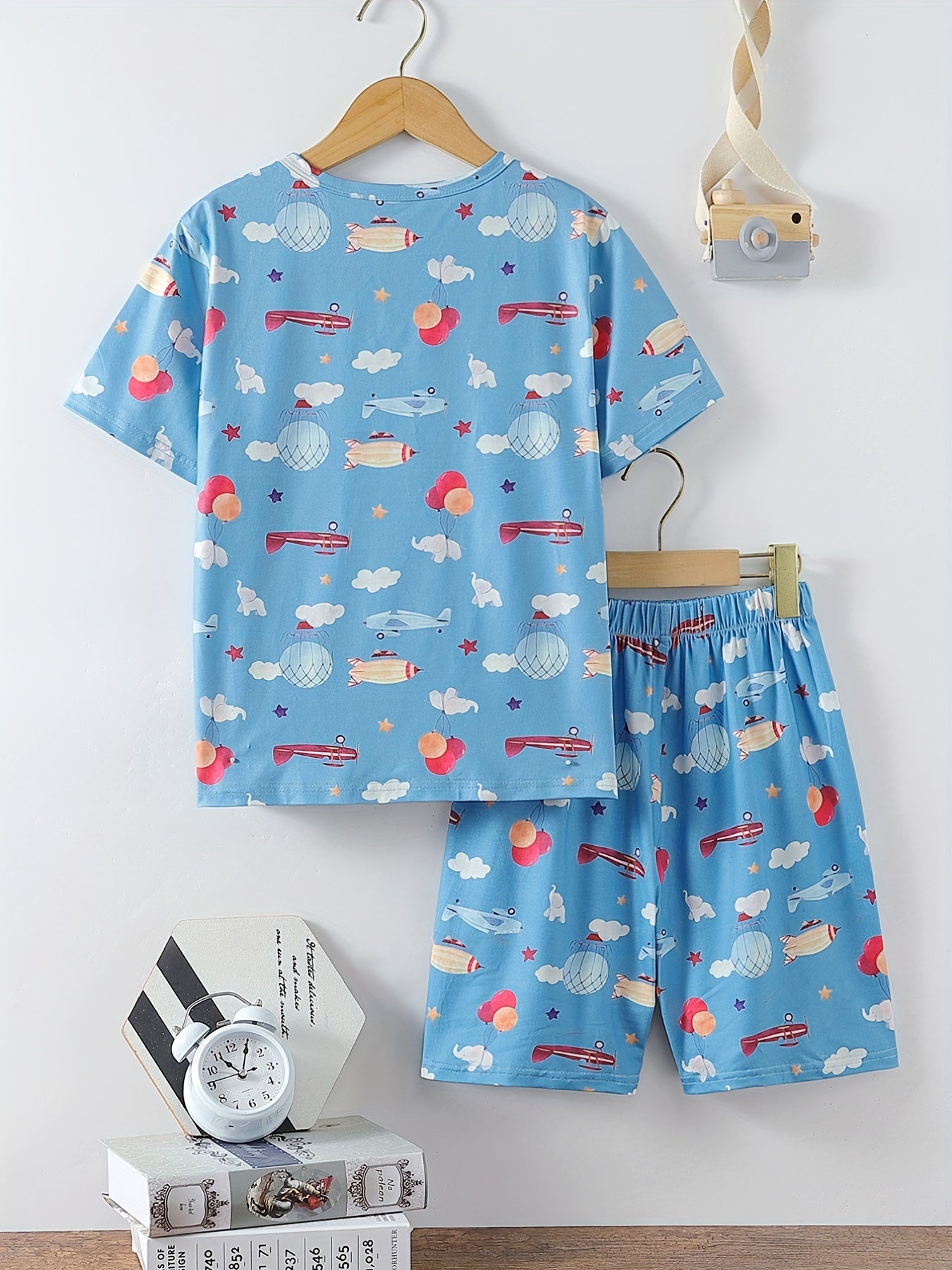 Boys Flying Elephant Airplane Pajamas Set Short Sleeve Homewear