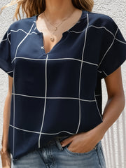 Plaid Print Batwing Sleeve Notched Neck Shirt Top