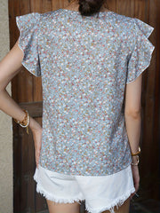 Floral Print Ruffle Trim Cap Sleeve Top