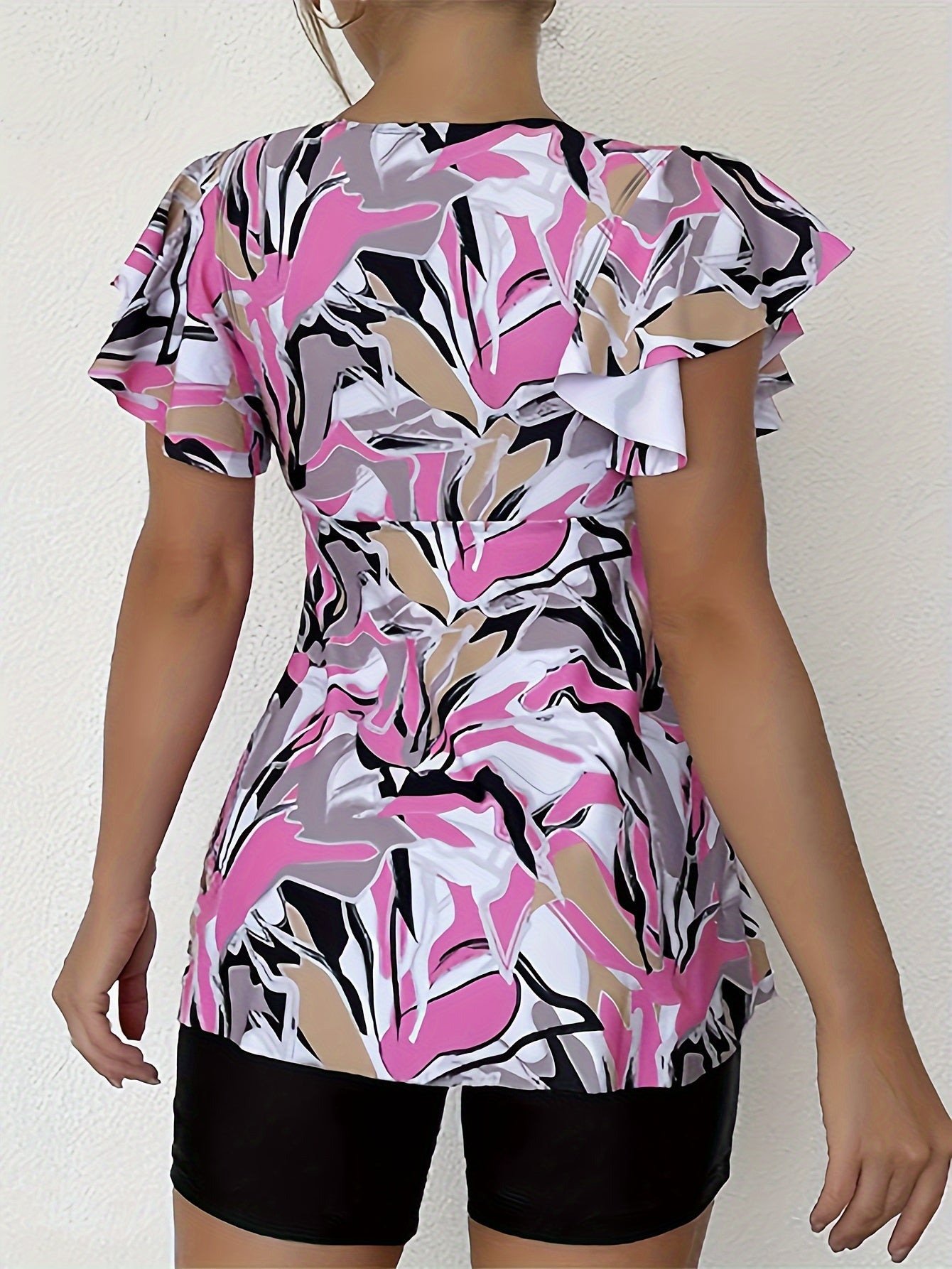Abstract Print Tankini Set with Lace Butterfly Sleeve Top & Shorts