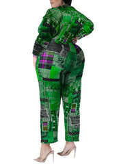 Sexy Jumpsuit Women's Plus Patchwork Print Button Up Long Sleeve