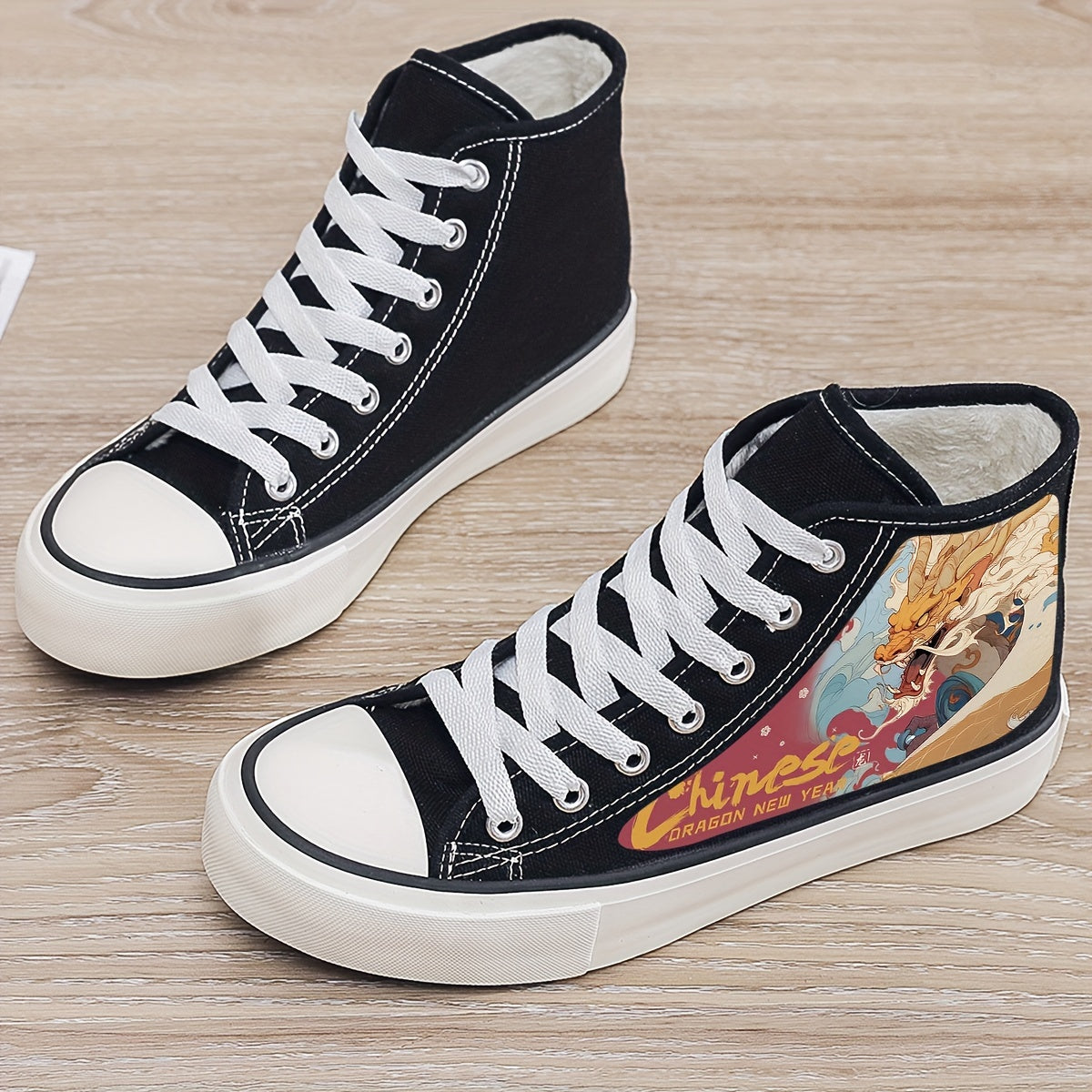Dragon Print Plush Lined Chunky Canvas Sneakers