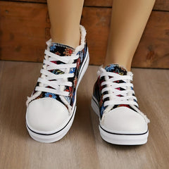 Women's Floral Pattern Flat Canvas Lace Up Low Round Toe Raw Trim Shoes
