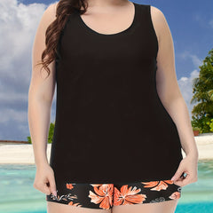 Floral Crisscross Back Tankini Set with Solid Tank Top Swimsuit