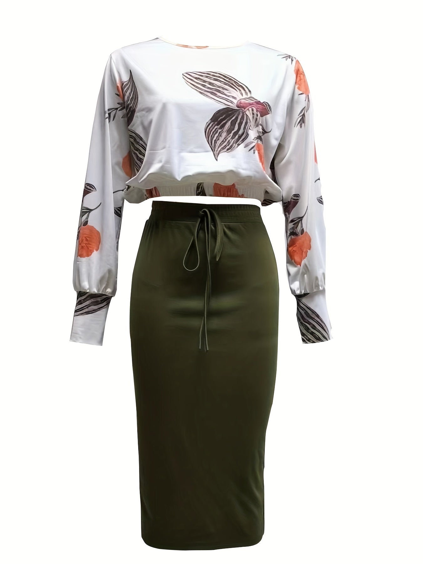 Casual Floral Print Long Sleeve Top & Solid Skirt Set Women's Outfit