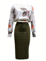 Casual Floral Print Long Sleeve Top & Solid Skirt Set Women's Outfit