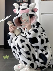 Cow Spot Fuzzy Pajama Set with Hood & Pants