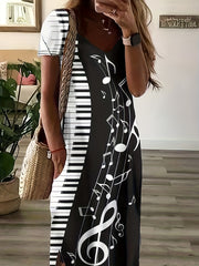 Music Note Print V-Neck Dress With Pockets