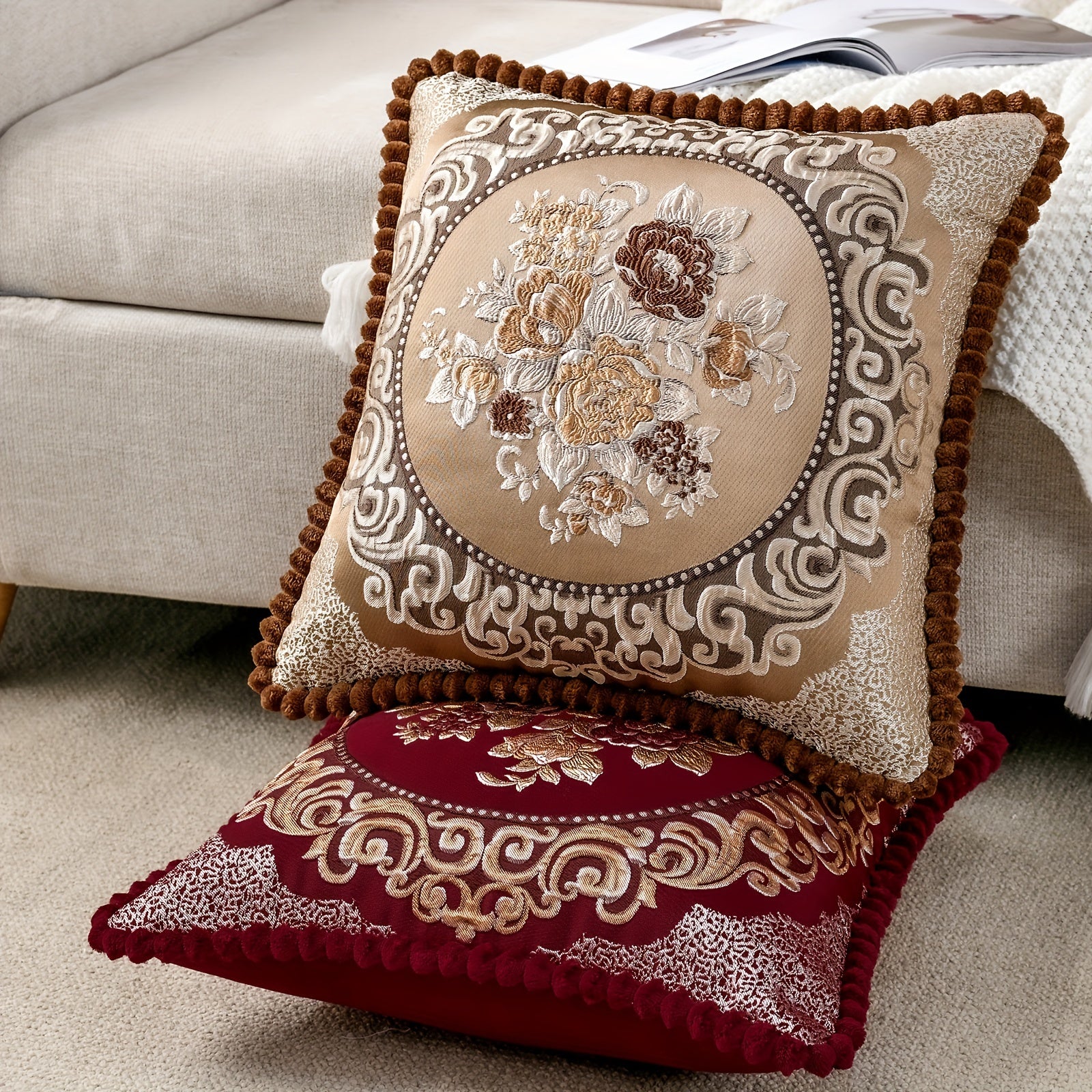 Chenille Embroidered Rose Floral Sofa Pillow Cover 19x19 Inches