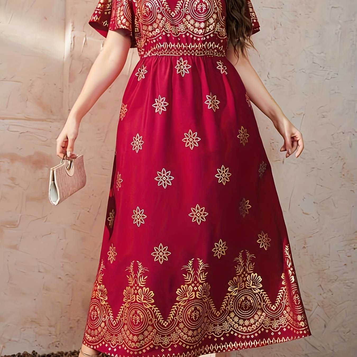 Golden Floral Print Maxi Dress