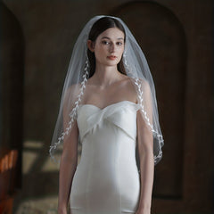 Double Layer Bridal Veil with Leaf Shape Edge Head Piece