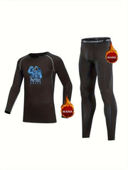 2pcs Kids Fleece Lined Compression Base Set Space Print Long Sleeve Tops & Leggi