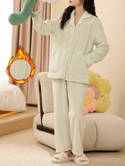 Fuzzy Pajama Set Long Sleeve Top & Elastic Waistband Pants Women's Sleepwear