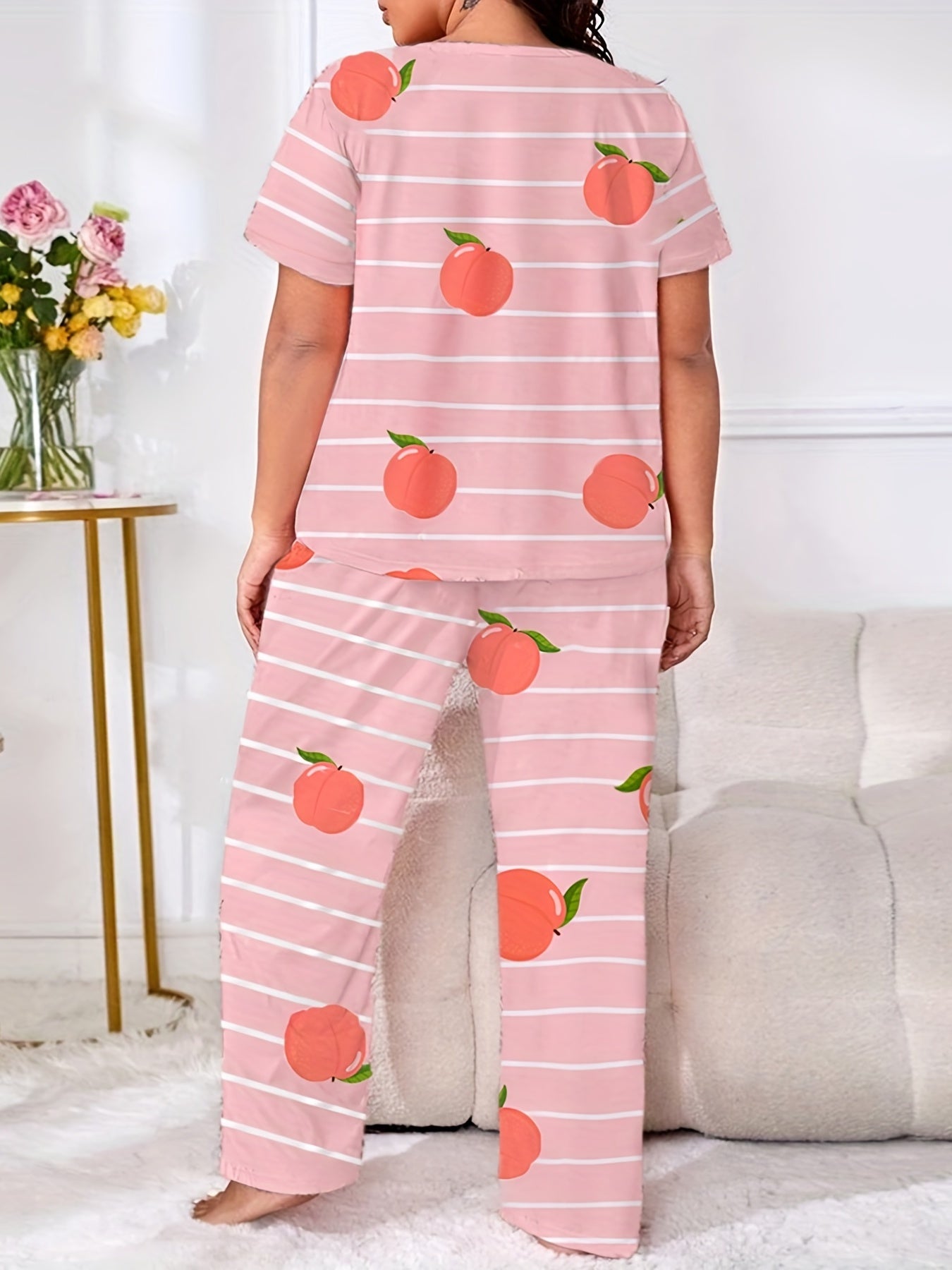 Peach & Stripe Print Two Piece Pajama Set