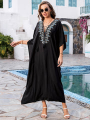 Boho Kaftan Dress Women's Plus Floral Embroidered Bat Sleeve