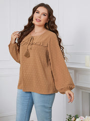 Lantern Sleeve Round Neck Knot Front Blouse Women's Plus Solid Blouse
