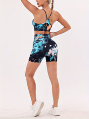 Graffiti Workout Suit: Cami Top & Hip Lifting Shorts for Fitness and Yoga