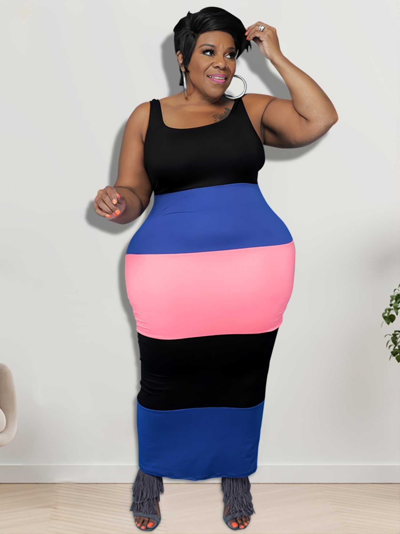 Colorblock Strip Tank Dress Women's Plus Casual Round Neck High Stretc