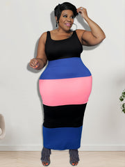 Colorblock Strip Tank Dress Women's Plus Casual Round Neck High Stretc